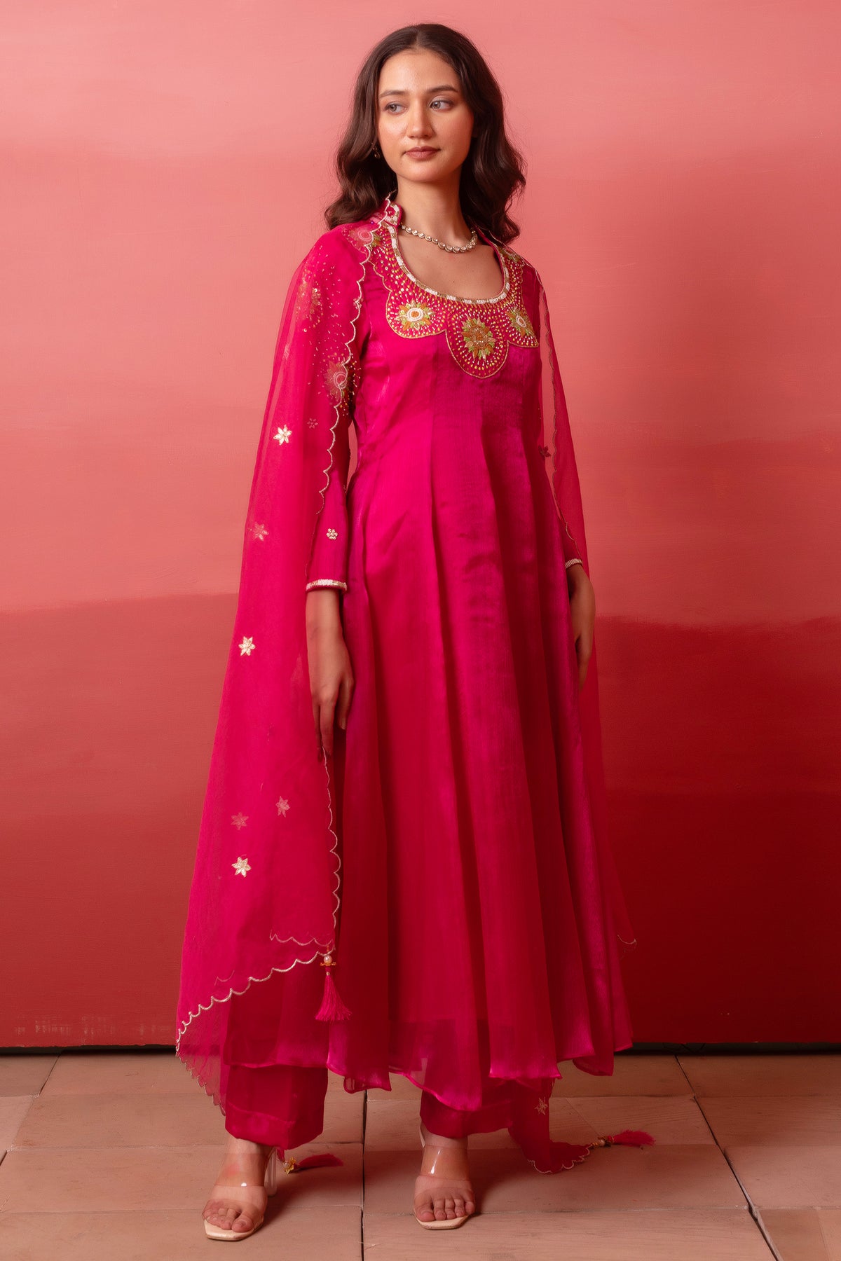 Magenta Pink Organza Embroidered Anarkali Suit