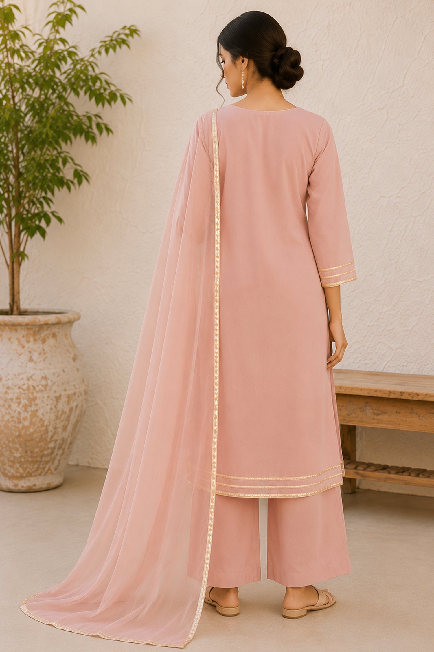 Dusty Pink Cotton Silk Suit Set with Metallic Trim Accents