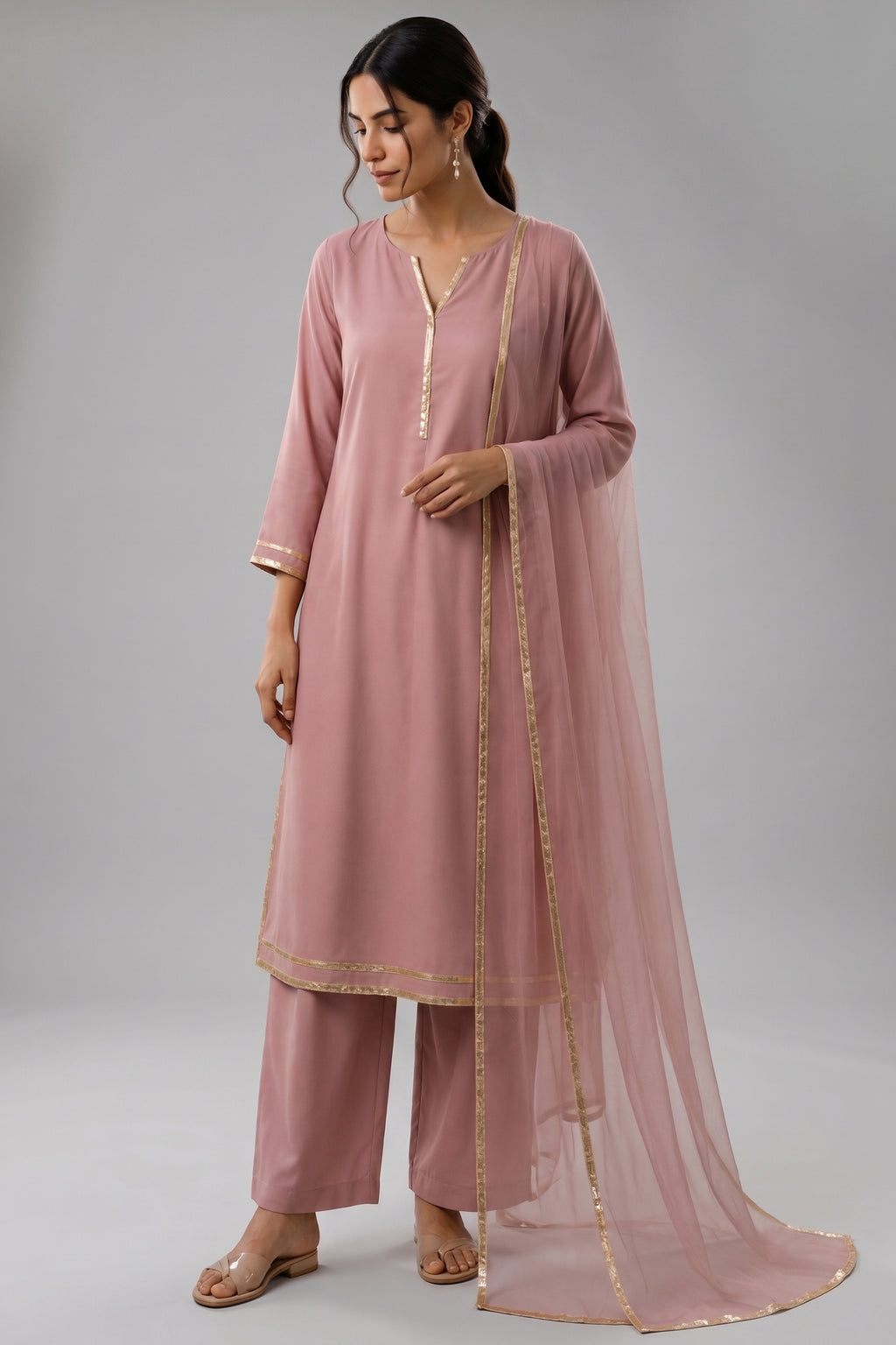Dusty Pink Cotton Silk Suit Set with Metallic Trim Accents