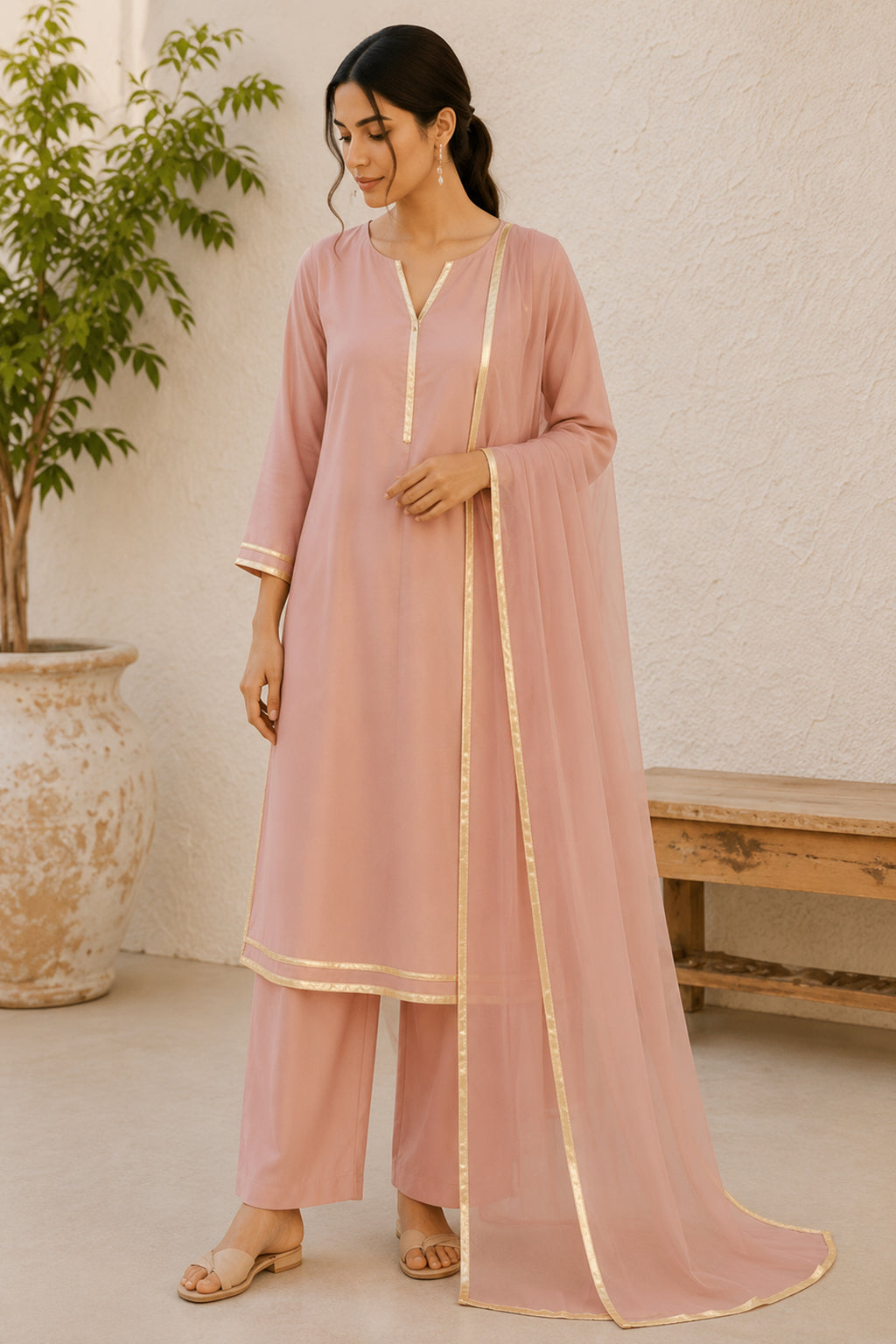 Dusty Pink Cotton Silk Suit Set with Metallic Trim Accents