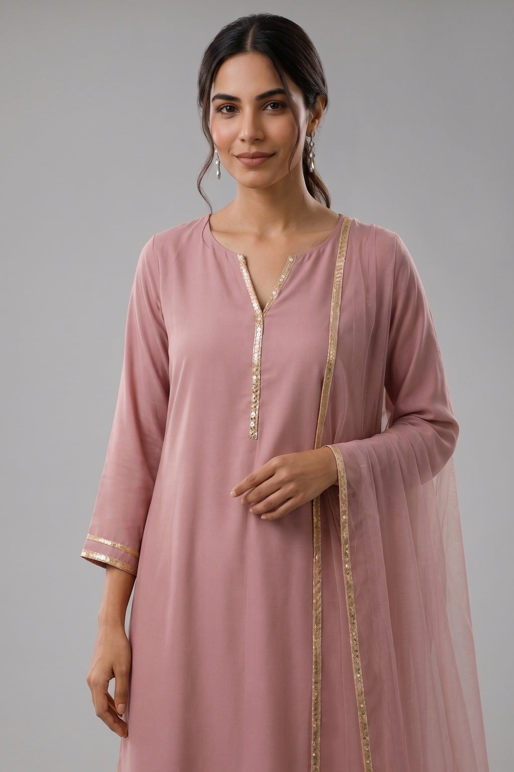 Dusty Pink Cotton Silk Suit Set with Metallic Trim Accents