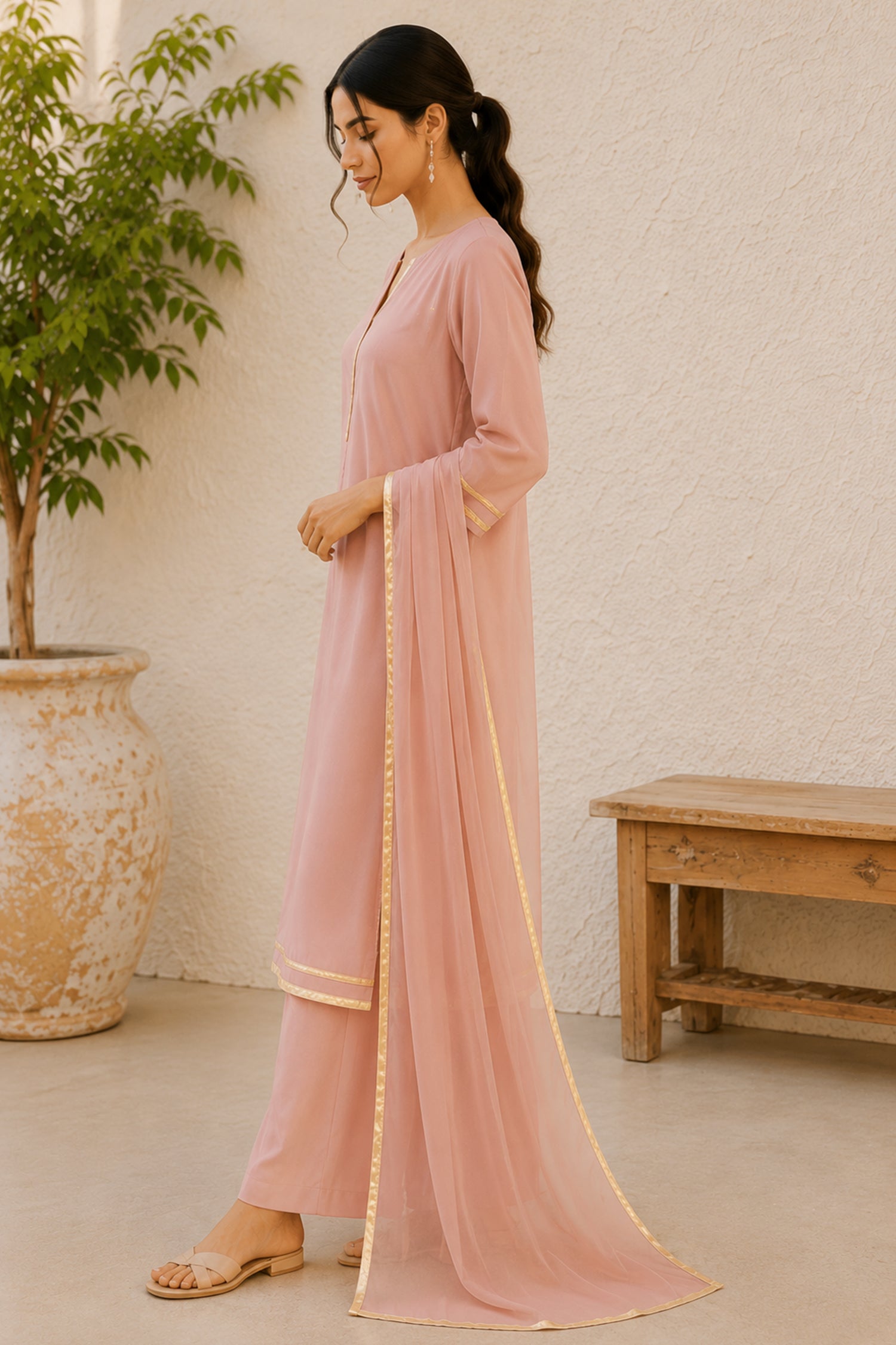Dusty Pink Cotton Silk Suit Set with Metallic Trim Accents