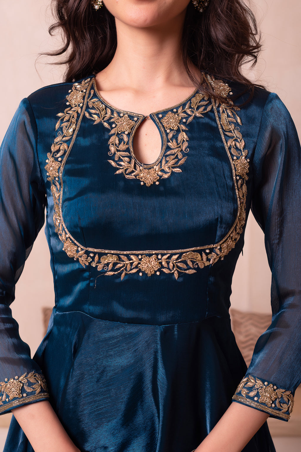 Peacock Blue Organza Keyhole Anarkali Suit