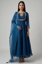 Peacock Blue Organza Keyhole Anarkali Suit