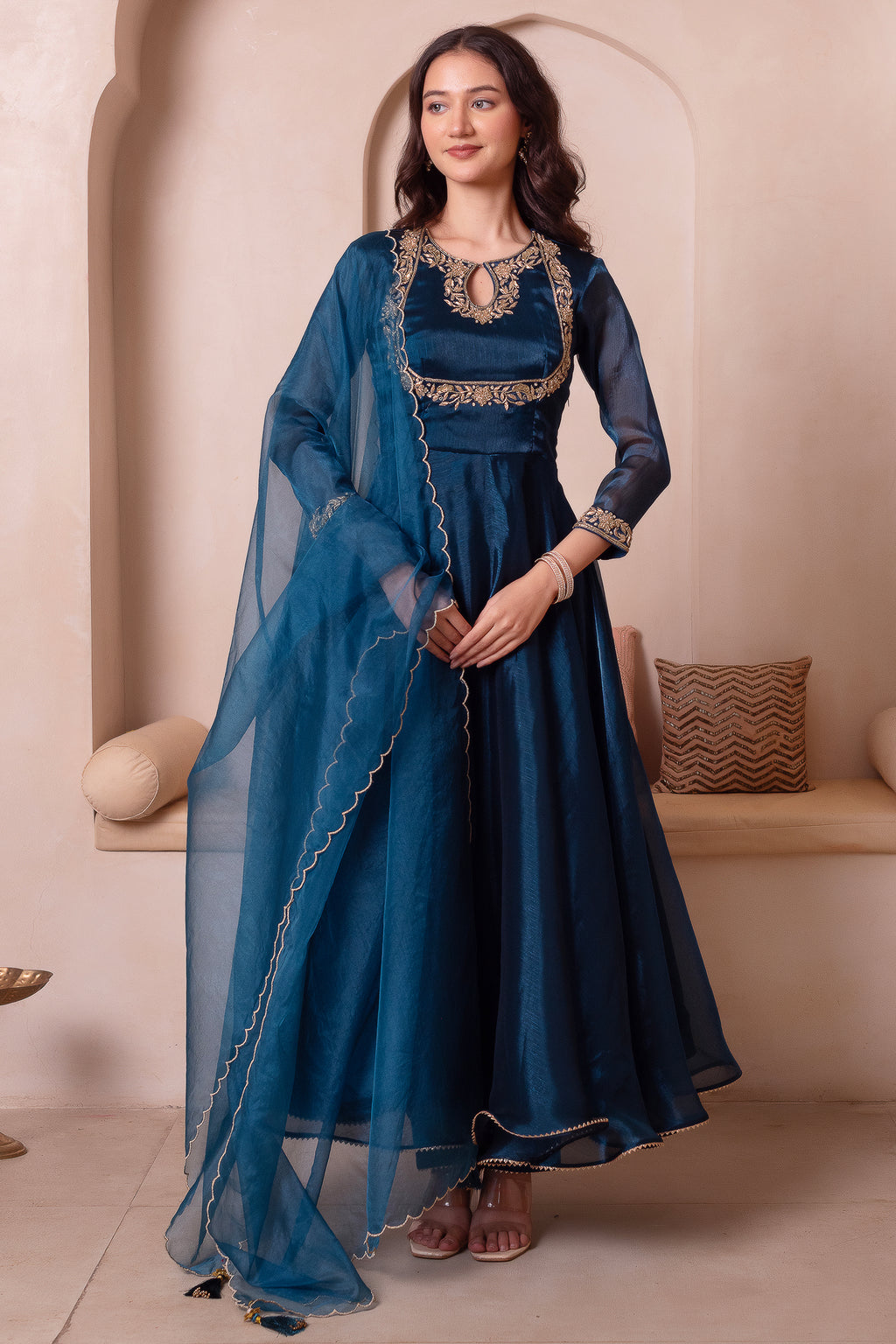 Peacock Blue Organza Keyhole Anarkali Suit