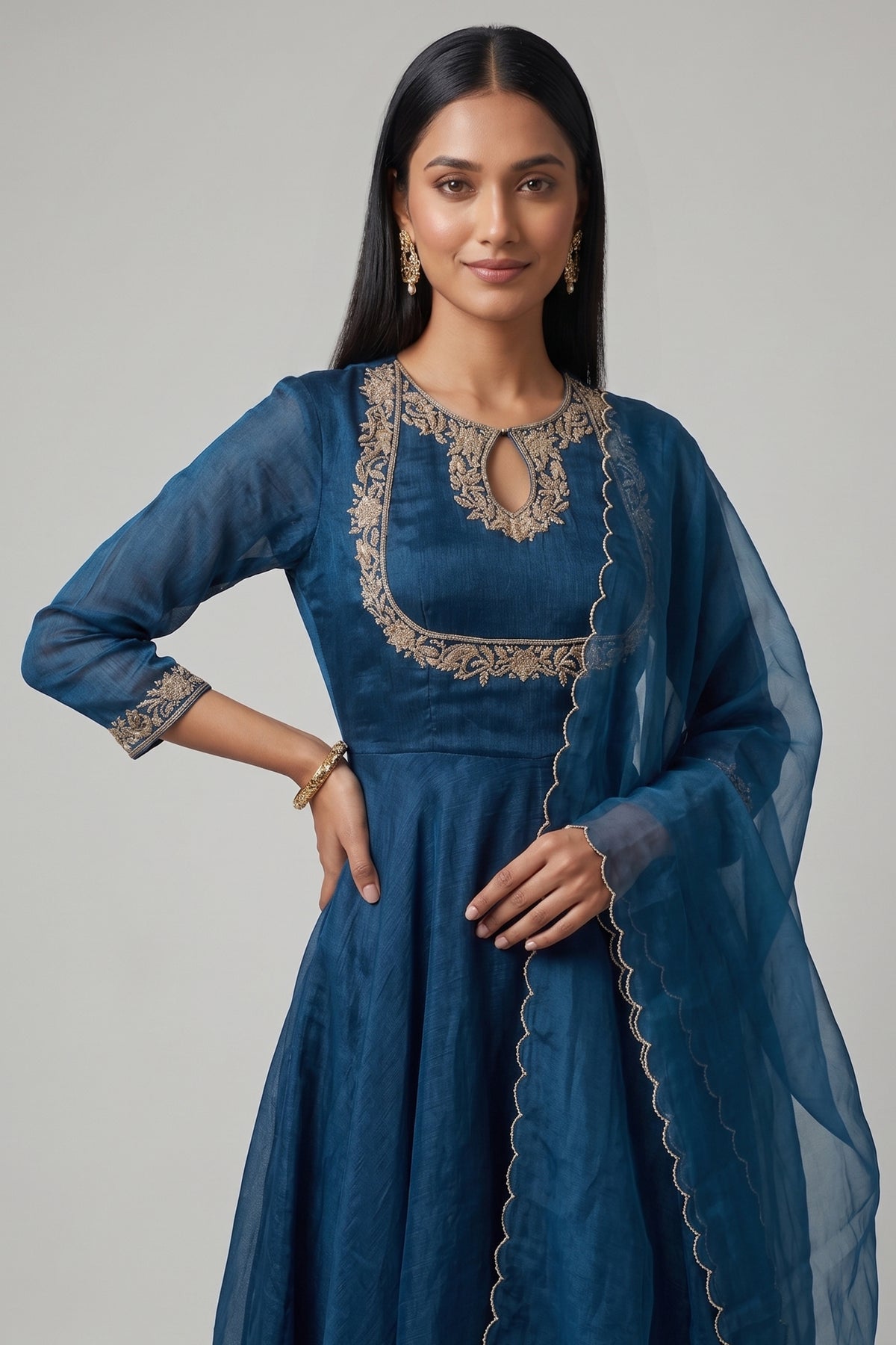 Peacock Blue Organza Keyhole Anarkali Suit