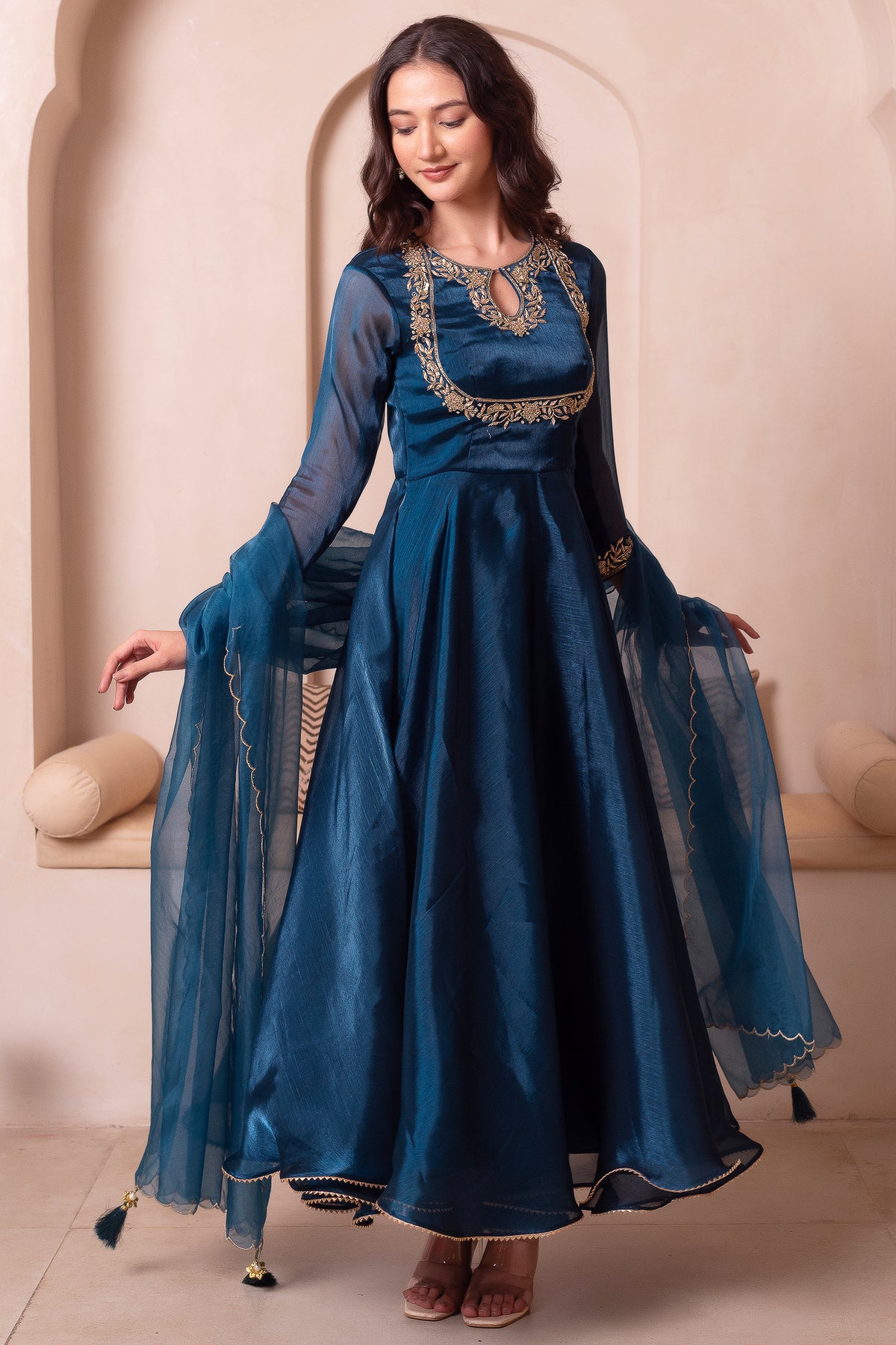 Peacock Blue Organza Keyhole Anarkali Suit