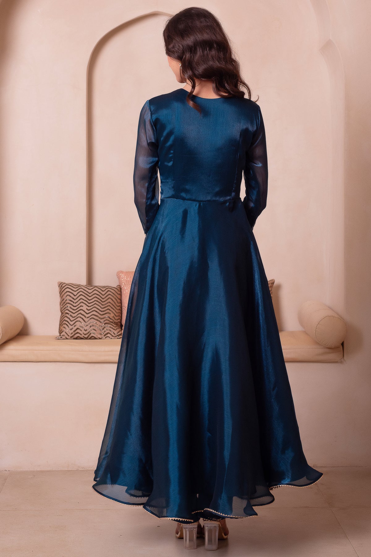 Peacock Blue Organza Keyhole Anarkali Suit