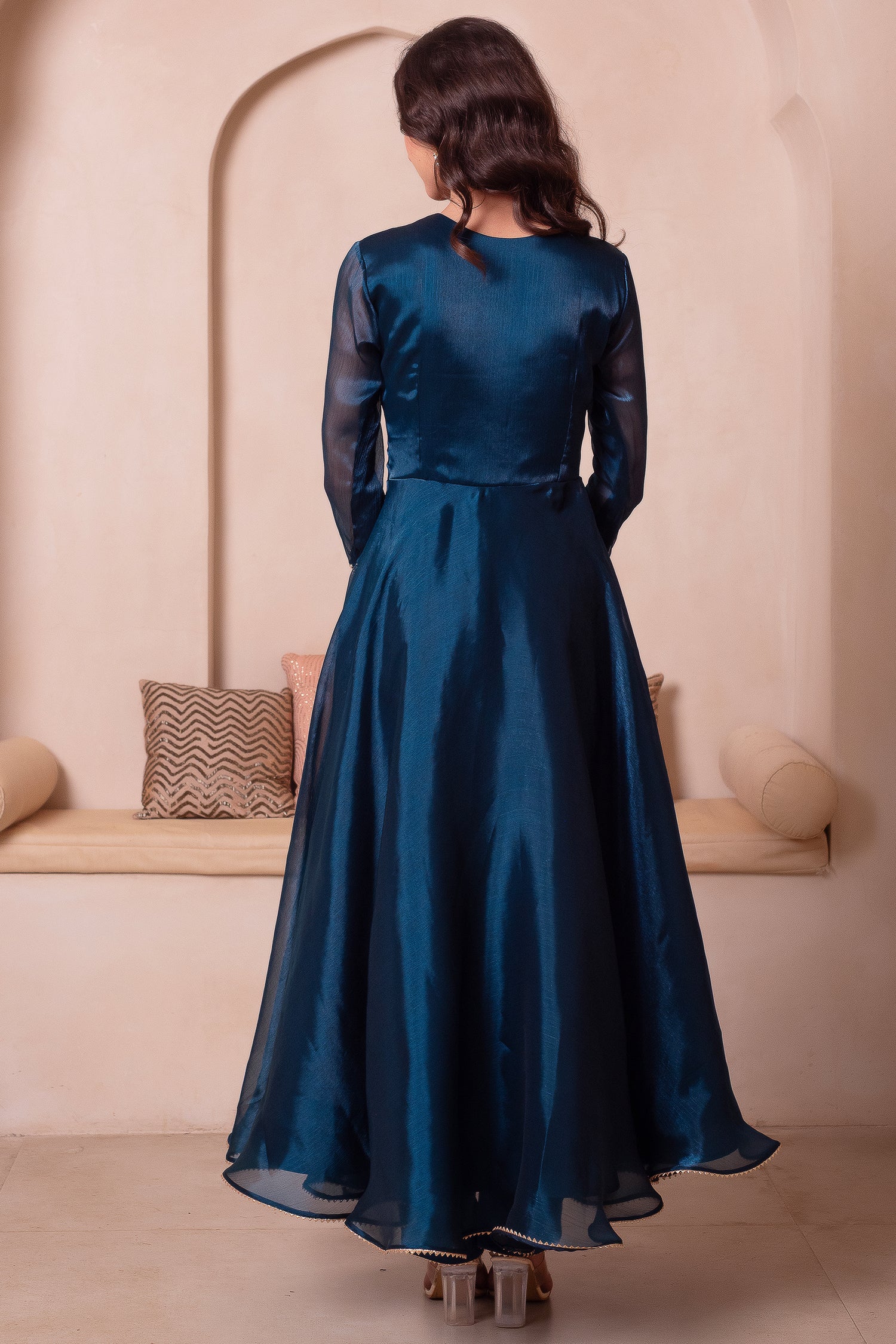 Peacock Blue Organza Keyhole Anarkali Suit