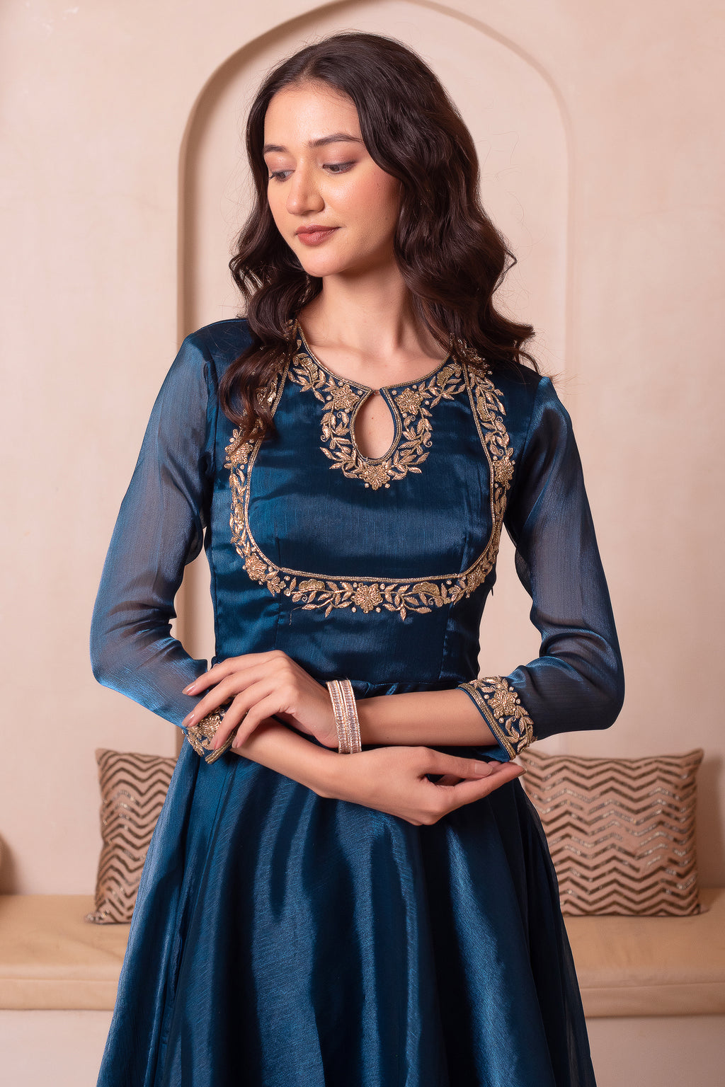Peacock Blue Organza Keyhole Anarkali Suit
