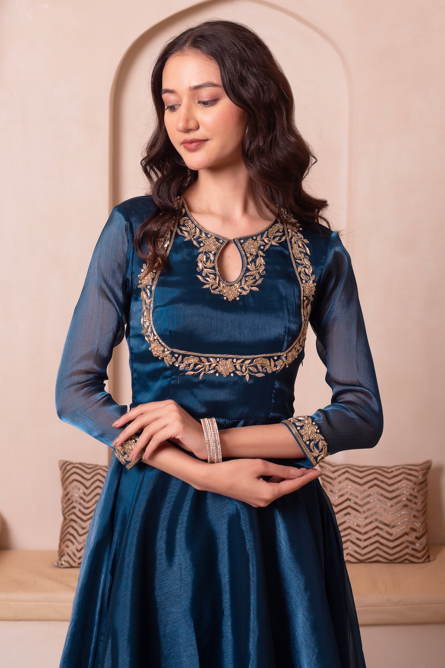 Peacock Blue Organza Keyhole Anarkali Suit