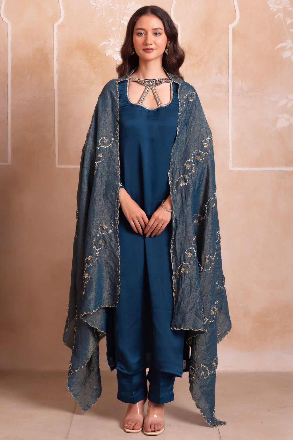 Deep Teal Cutout Neck Straight Cut Suit