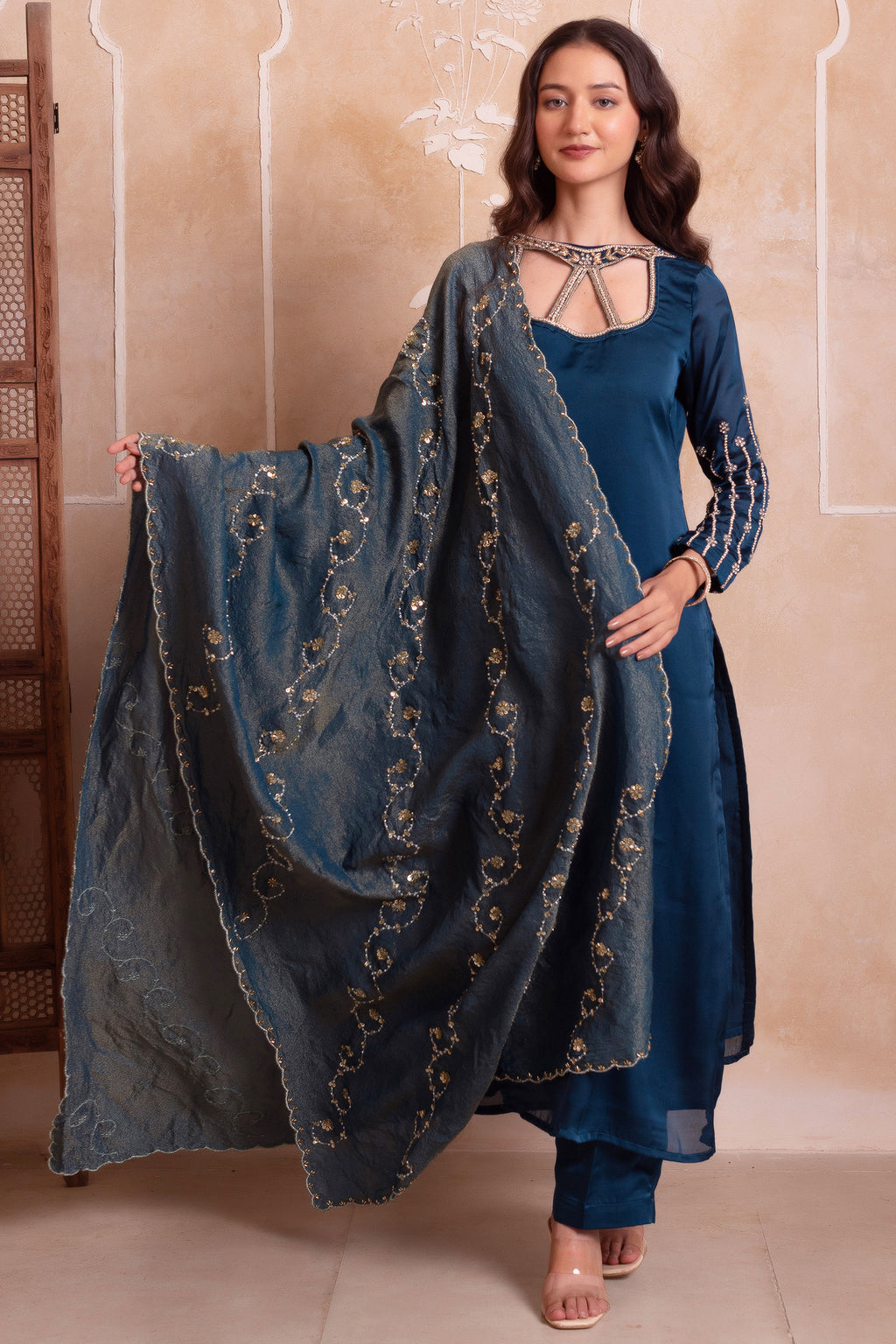 Deep Teal Cutout Neck Straight Cut Suit