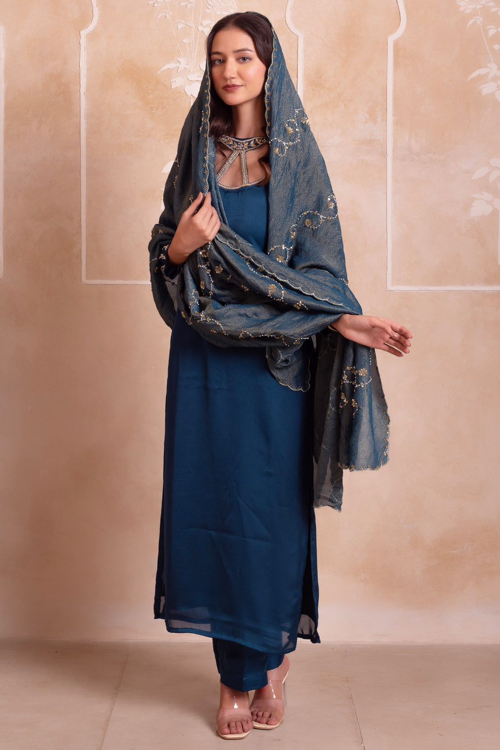 Deep Teal Cutout Neck Straight Cut Suit