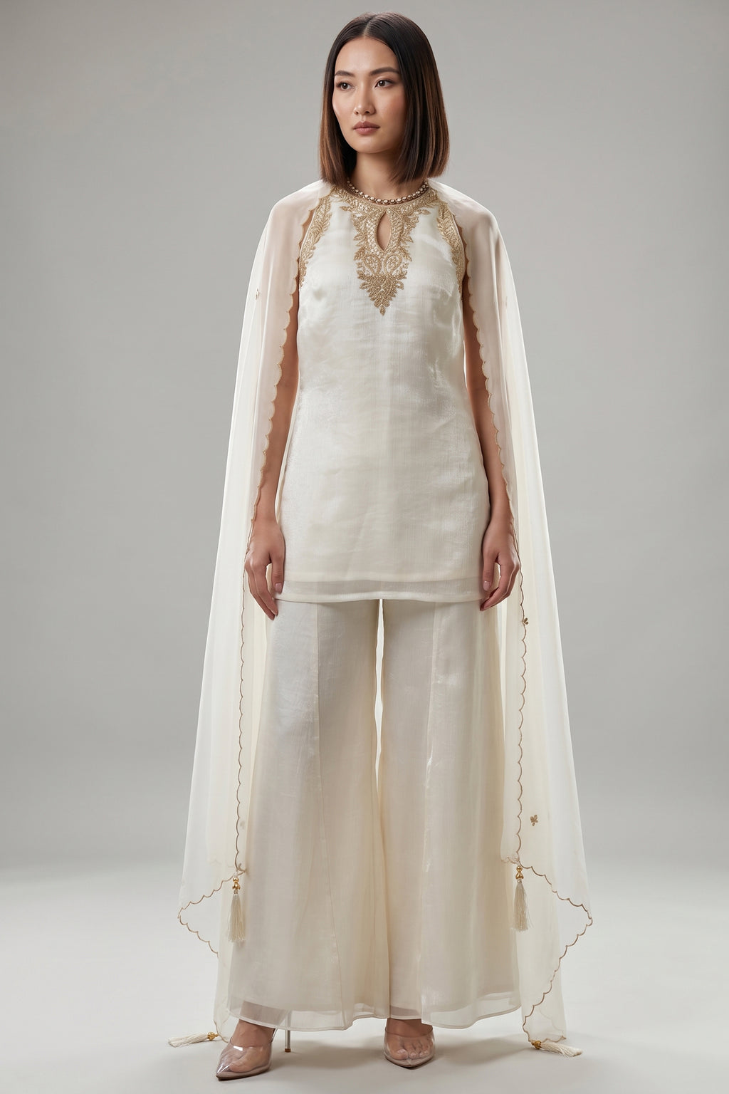 Ivory Silk Organza Embroidered Sharara Suit