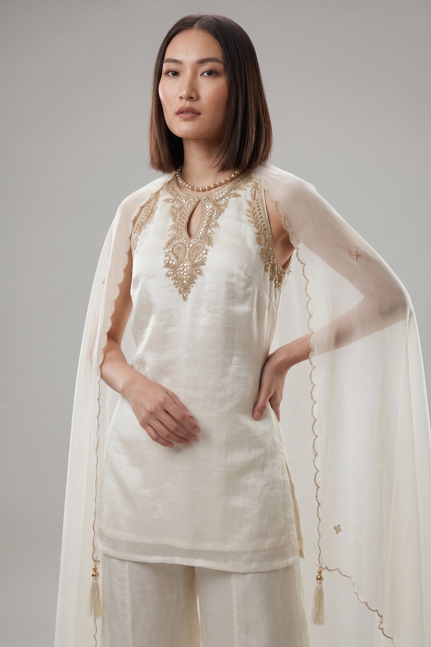 Ivory Silk Organza Embroidered Sharara Suit Secondary image