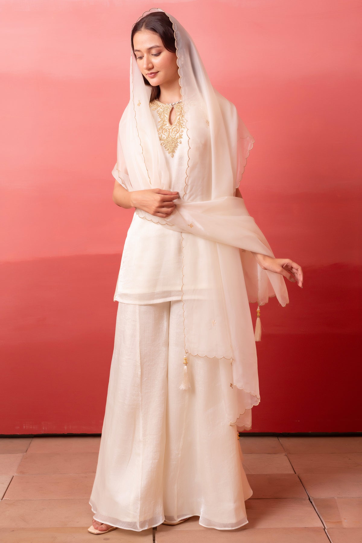 Ivory Silk Organza Embroidered Sharara Suit