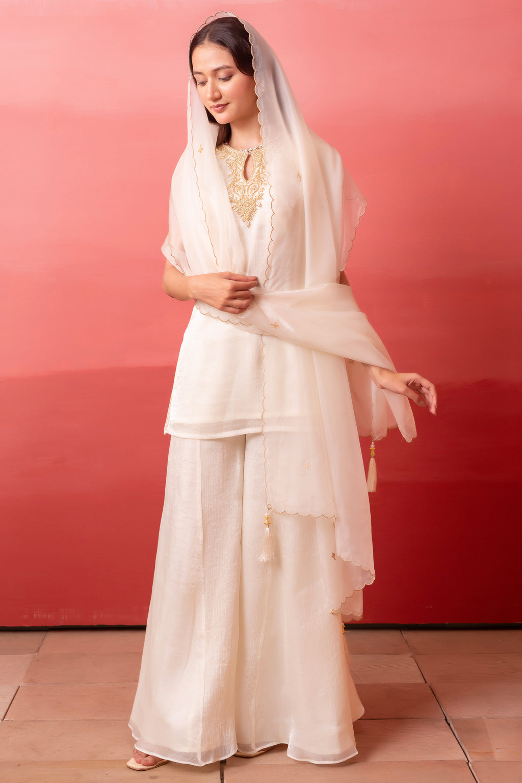 Ivory Silk Organza Embroidered Sharara Suit