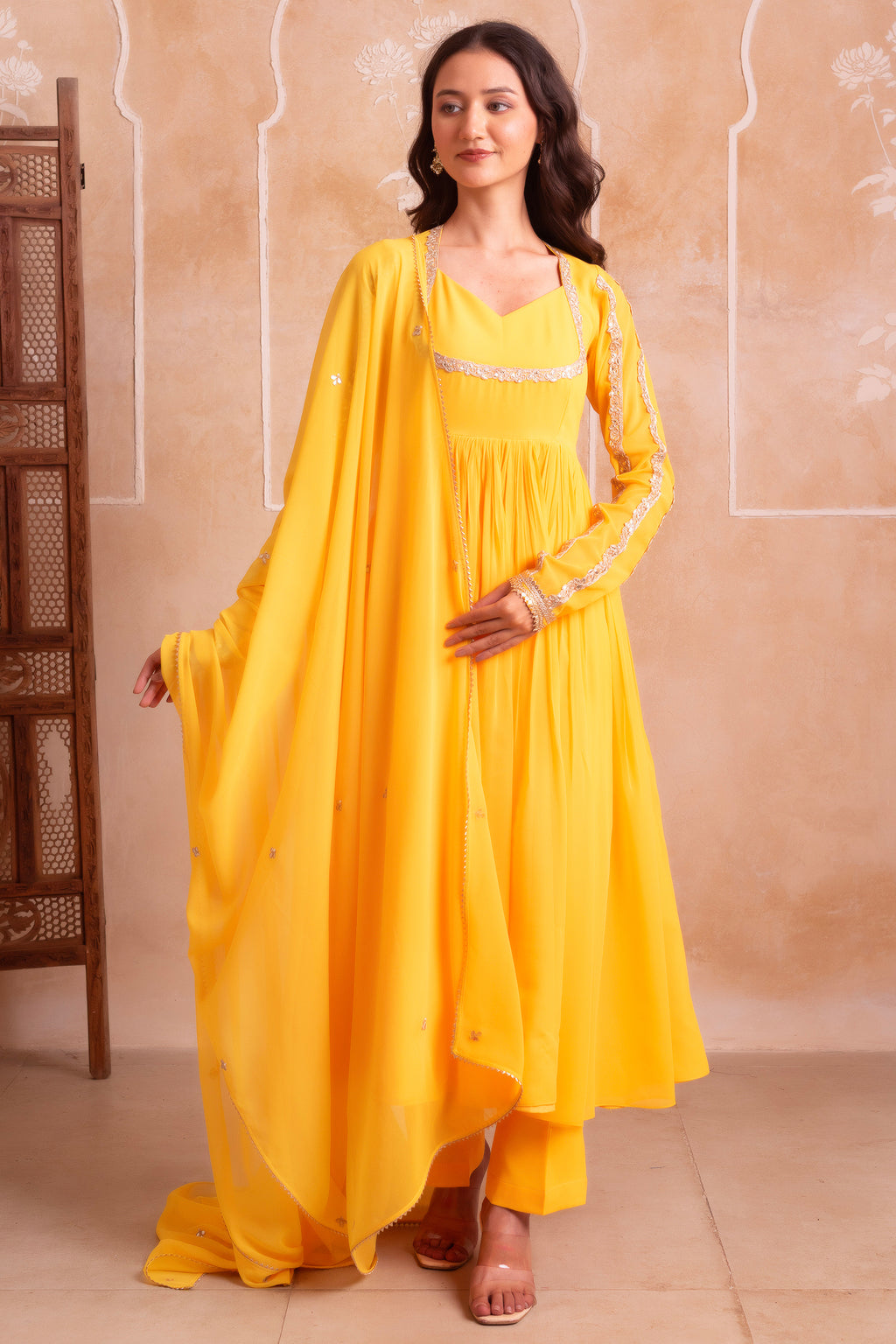 Vibrant Sunshine Yellow Flared Anarkali Suit with Delicate Gota Accents