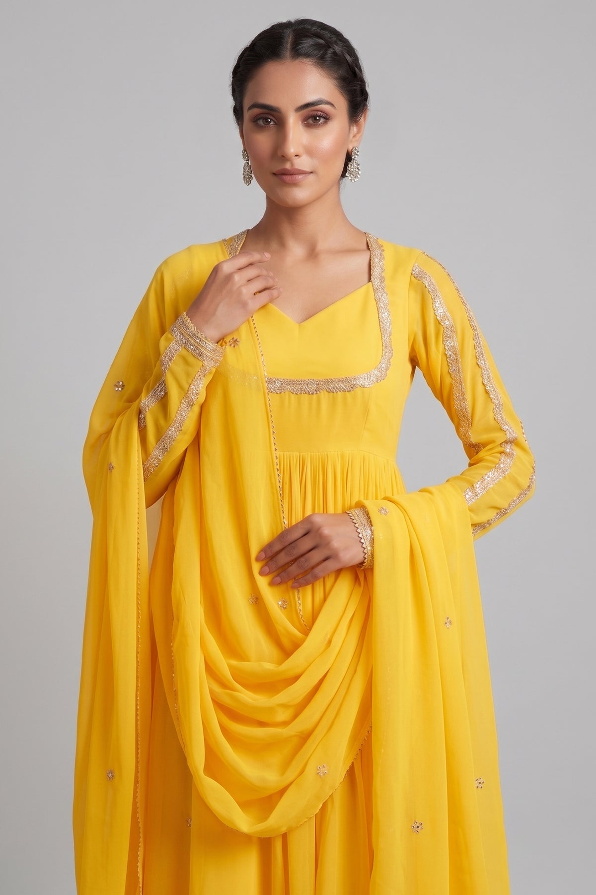 Vibrant Sunshine Yellow Flared Anarkali Suit with Delicate Gota Accents