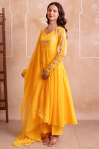 Vibrant Sunshine Yellow Flared Anarkali Suit with Delicate Gota Accents