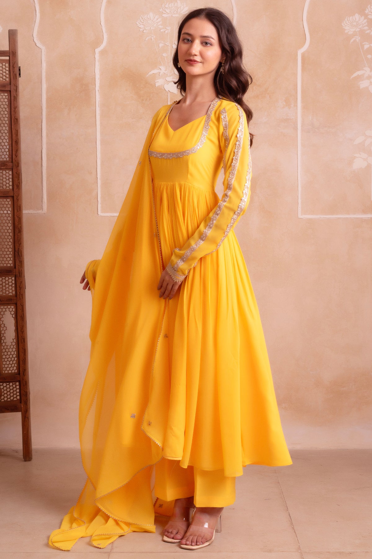 Vibrant Sunshine Yellow Flared Anarkali Suit with Delicate Gota Accents