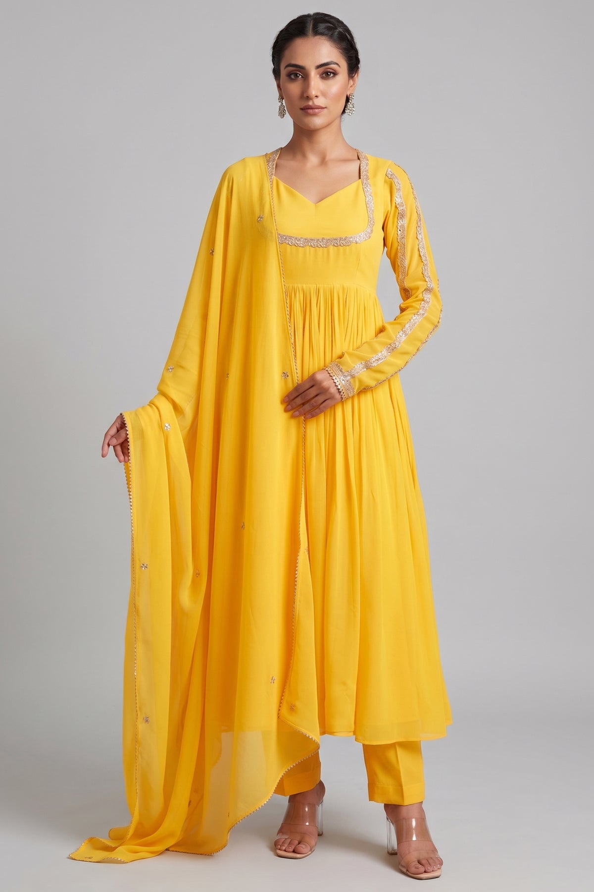 Vibrant Sunshine Yellow Flared Anarkali Suit with Delicate Gota Accents