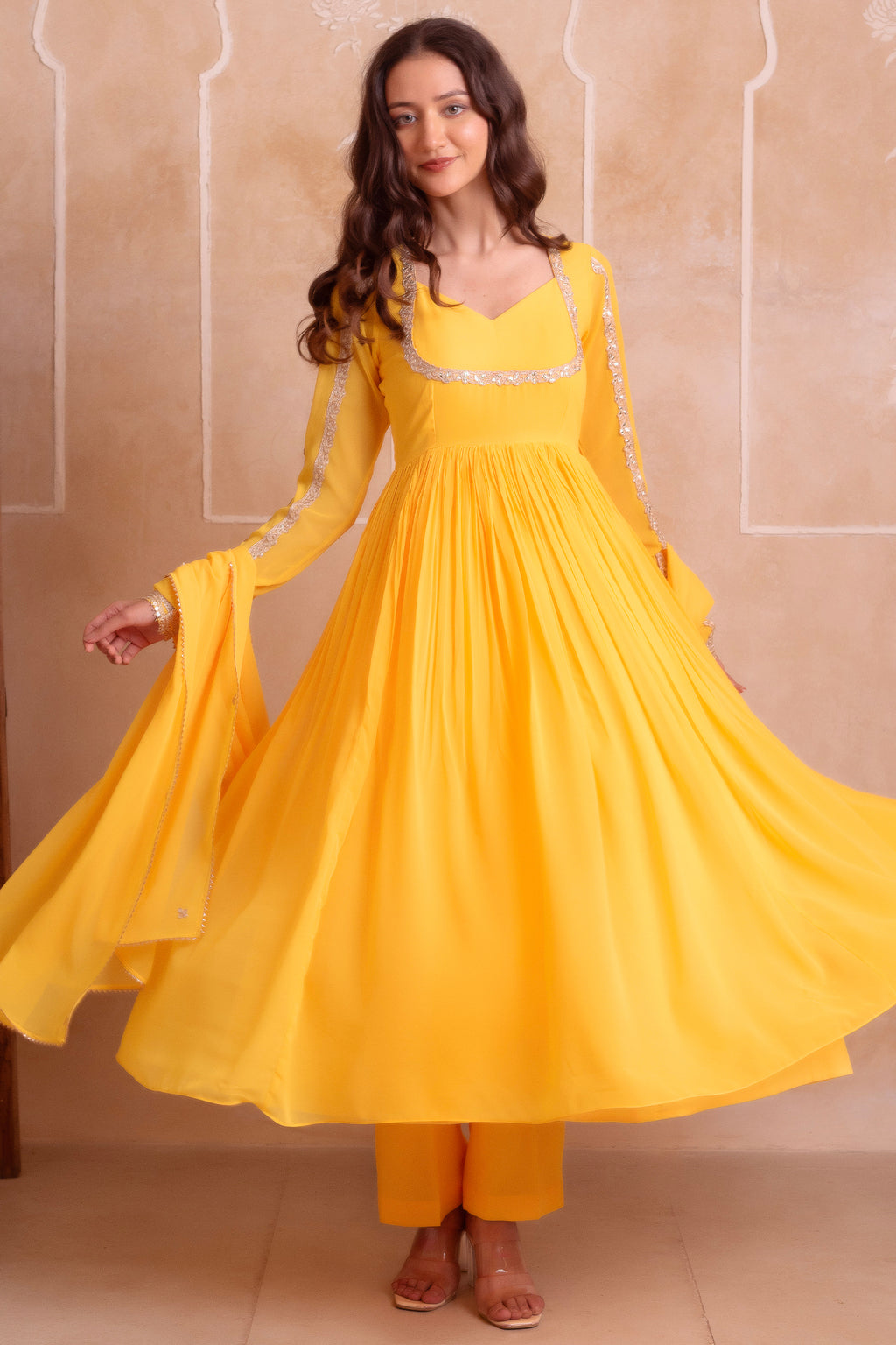 Vibrant Sunshine Yellow Flared Anarkali Suit with Delicate Gota Accents