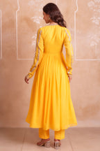 Vibrant Sunshine Yellow Flared Anarkali Suit with Delicate Gota Accents
