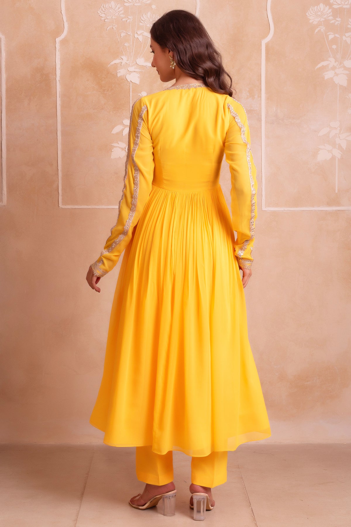 Vibrant Sunshine Yellow Flared Anarkali Suit with Delicate Gota Accents