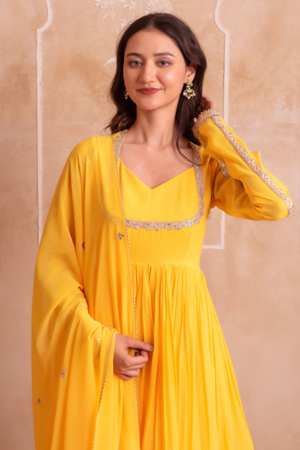 Vibrant Sunshine Yellow Flared Anarkali Suit with Delicate Gota Accents