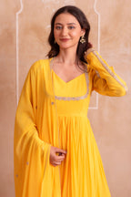 Vibrant Sunshine Yellow Flared Anarkali Suit with Delicate Gota Accents