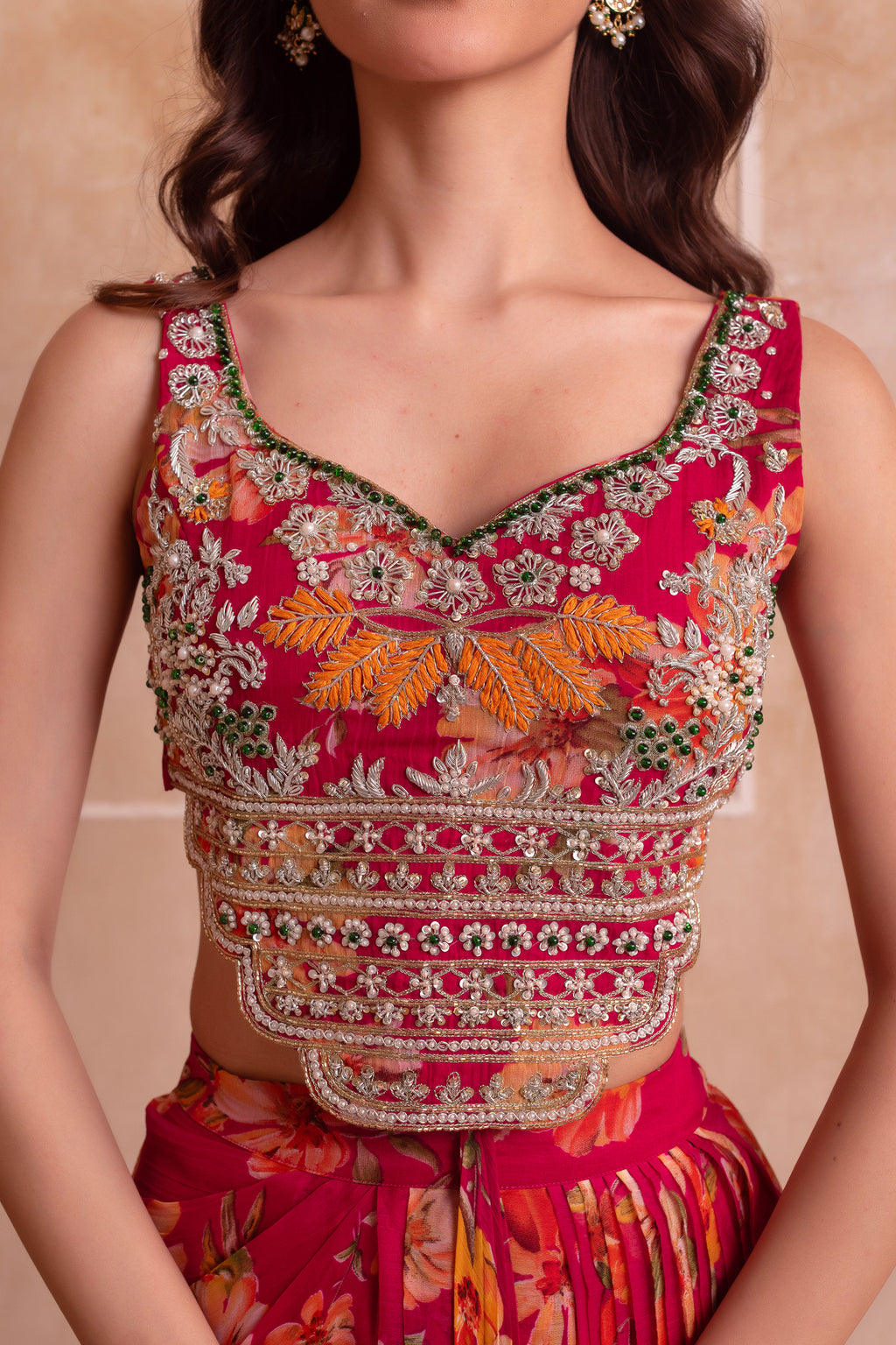Pink Floral Chiffon Draped Suit with Embroidered Top