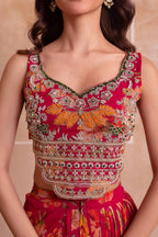 Pink Floral Chiffon Draped Suit with Embroidered Top