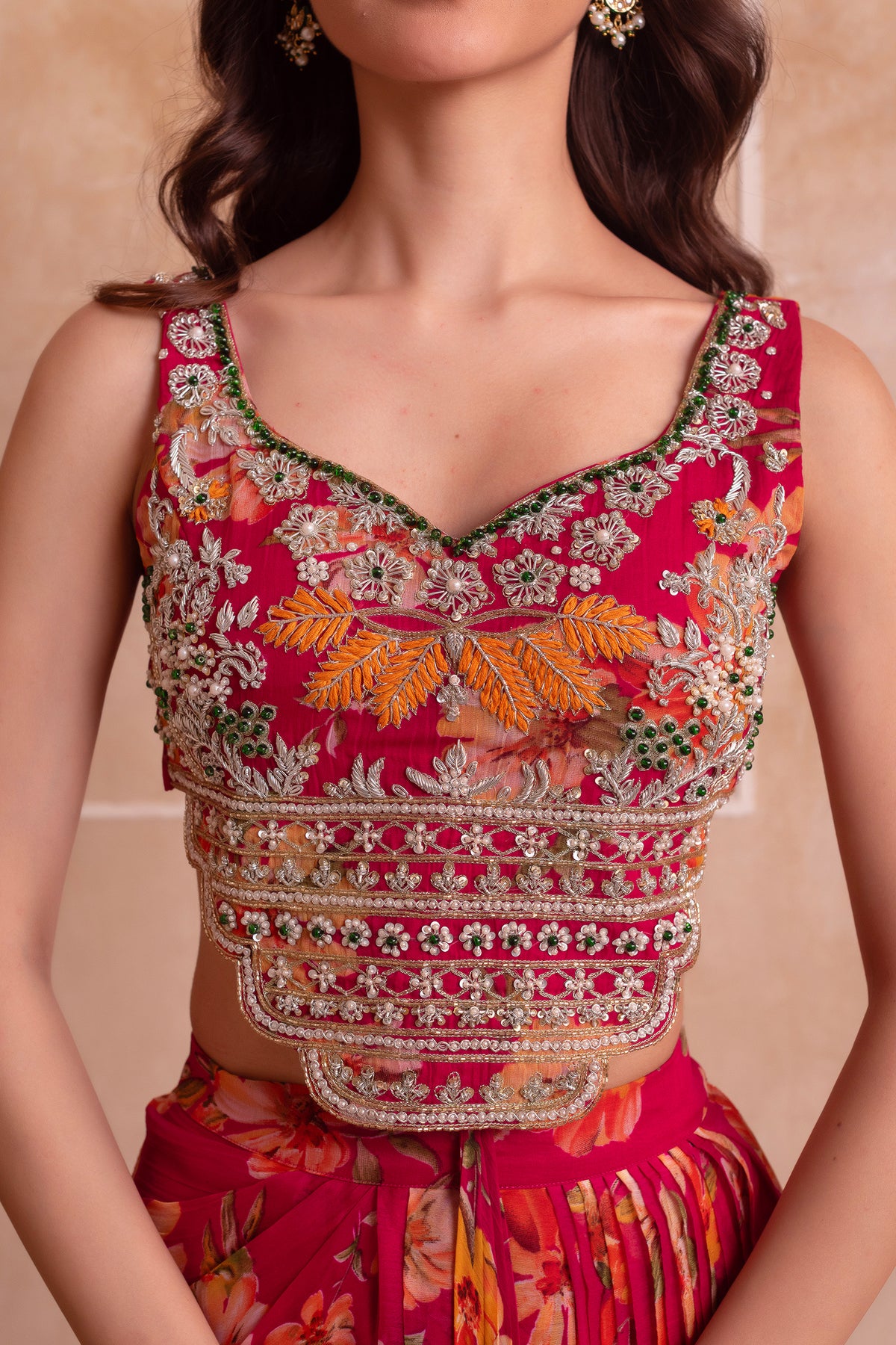 Pink Floral Chiffon Draped Suit with Embroidered Top