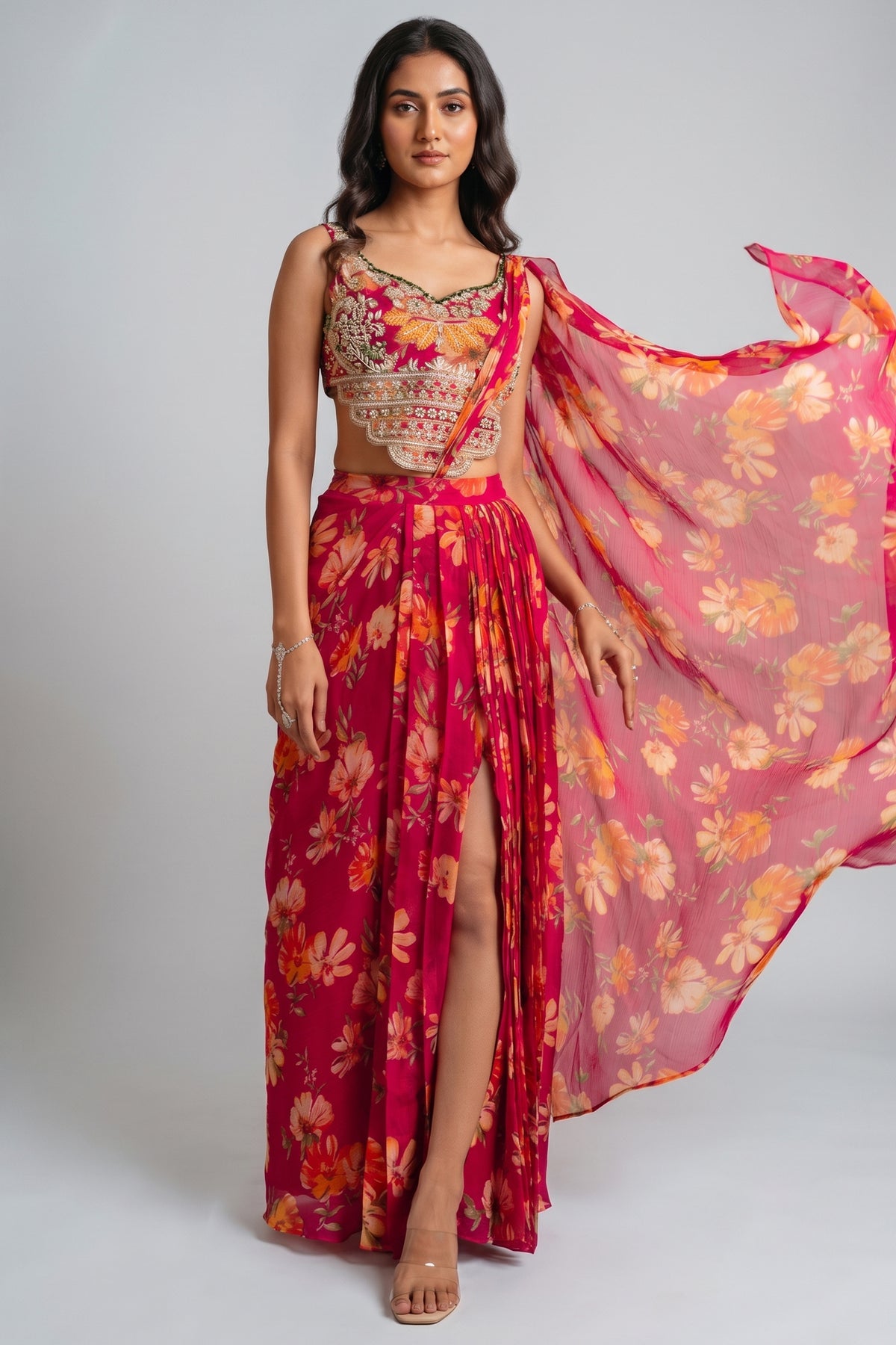 Pink Floral Chiffon Draped Suit with Embroidered Top