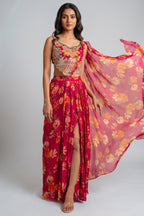 Pink Floral Chiffon Draped Suit with Embroidered Top