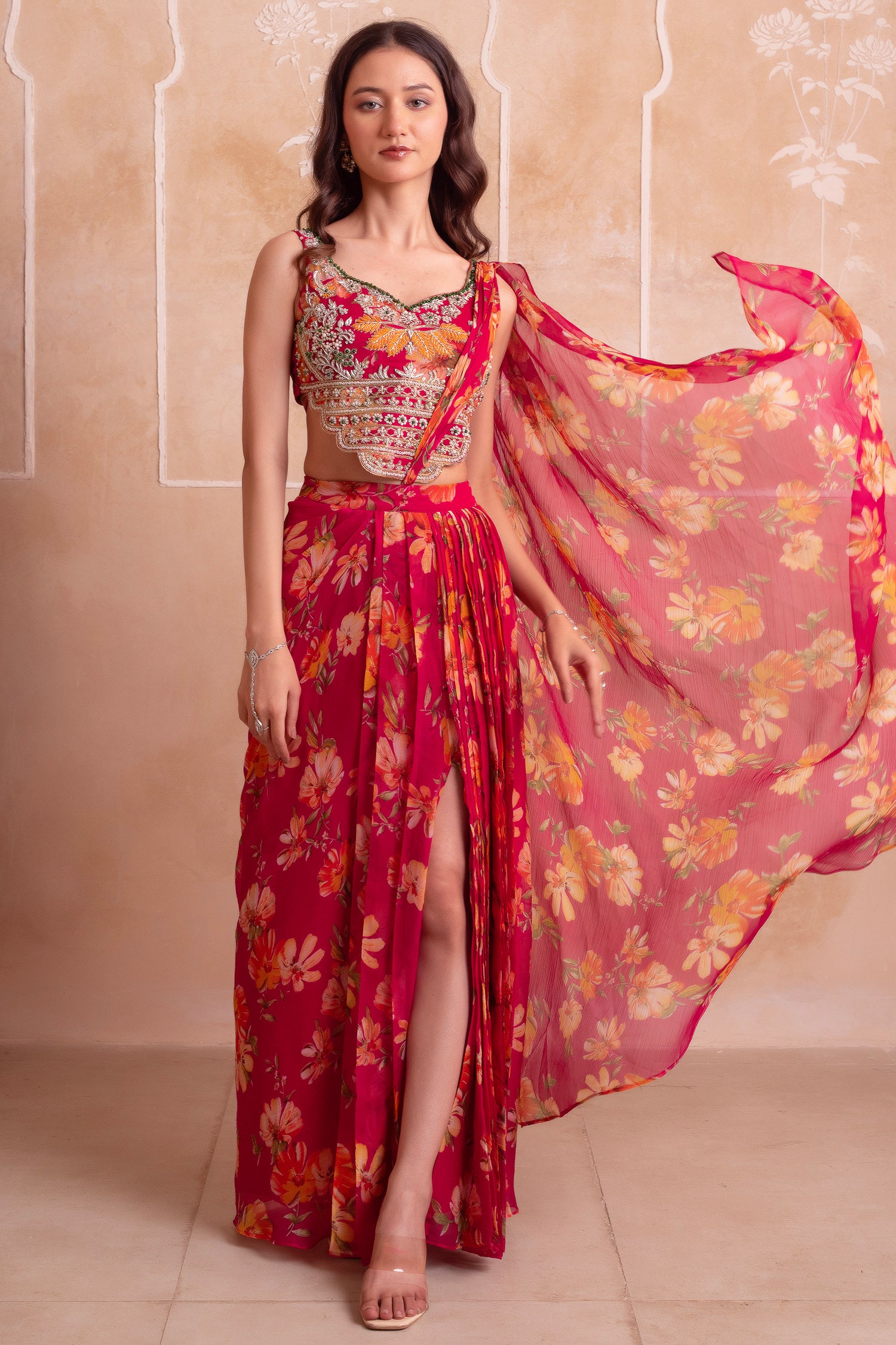 Pink Floral Chiffon Draped Suit with Embroidered Top