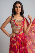 Pink Floral Chiffon Draped Suit with Embroidered Top