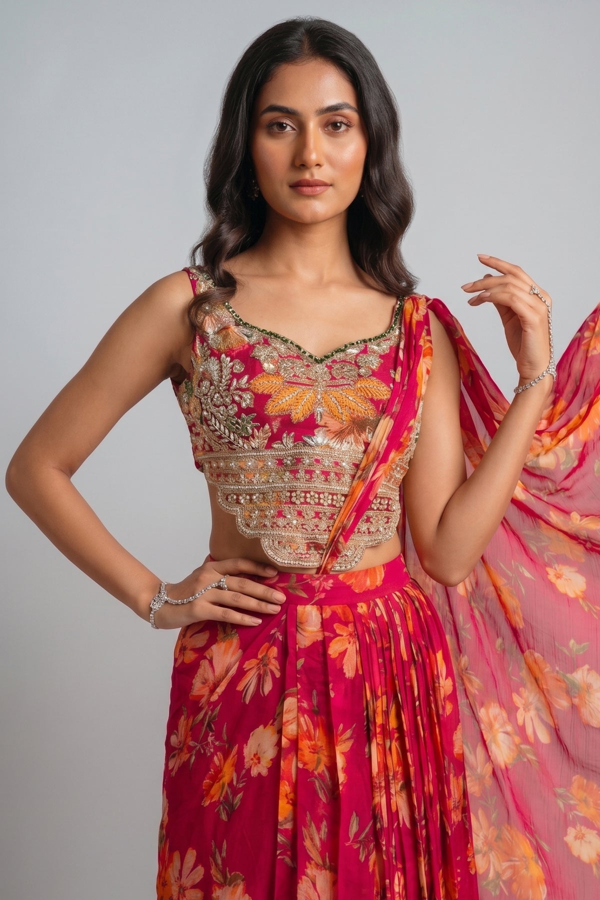 Pink Floral Chiffon Draped Suit with Embroidered Top