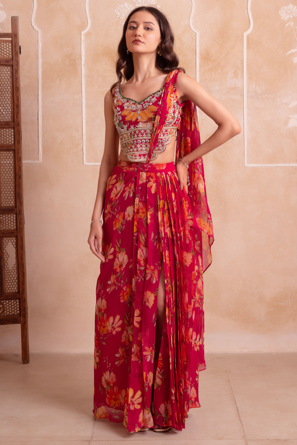 Pink Floral Chiffon Draped Suit with Embroidered Top