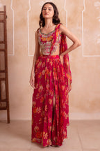 Pink Floral Chiffon Draped Suit with Embroidered Top