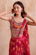 Pink Floral Chiffon Draped Suit with Embroidered Top