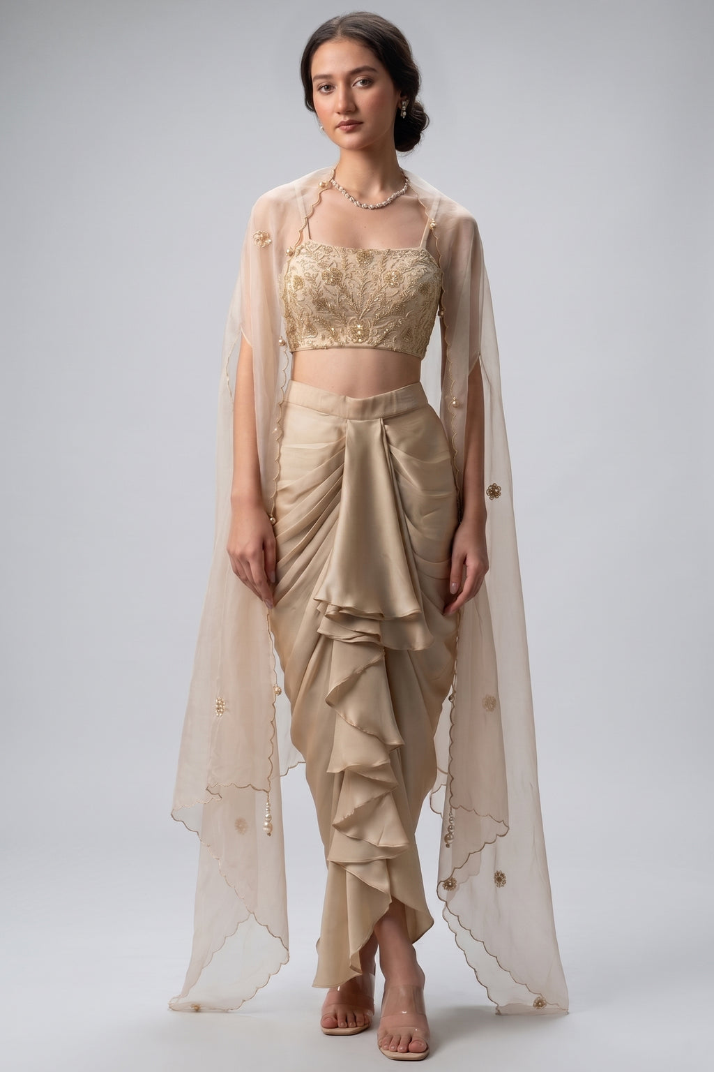 Beige Organza Embroidered Crop Top & Draped Dhoti Set with Cape