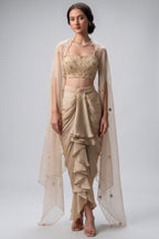 Beige Organza Embroidered Crop Top & Draped Dhoti Set with Cape