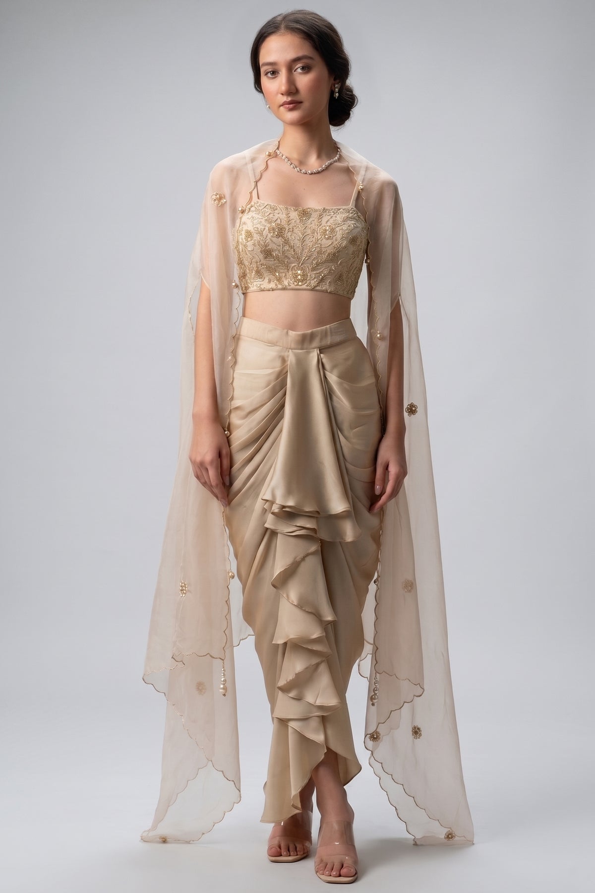 Beige Organza Embroidered Crop Top & Draped Dhoti Set with Cape