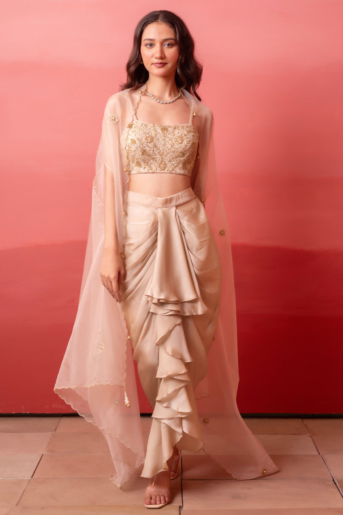 Beige Organza Embroidered Crop Top & Draped Dhoti Set with Cape