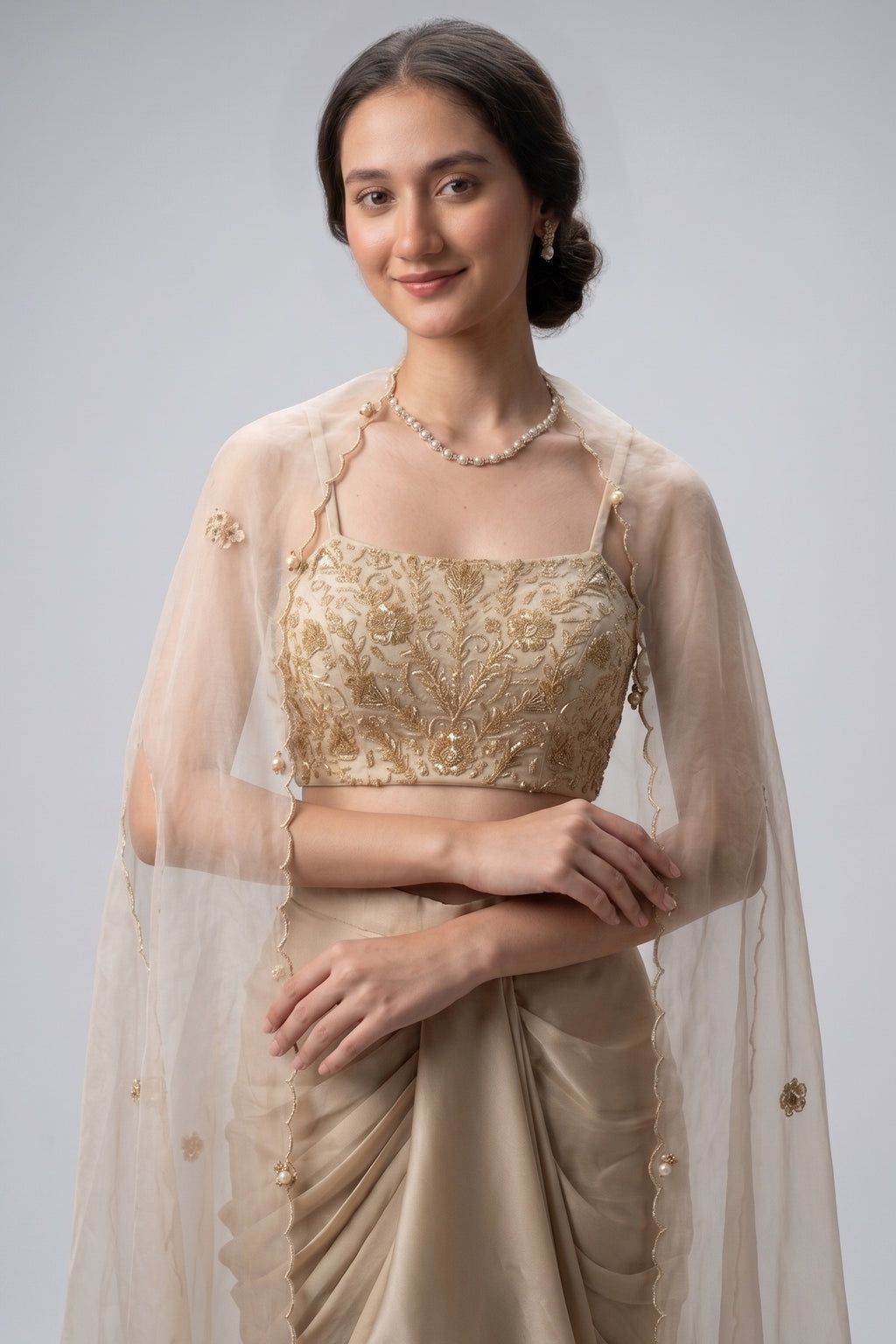 Beige Organza Embroidered Crop Top & Draped Dhoti Set with Cape