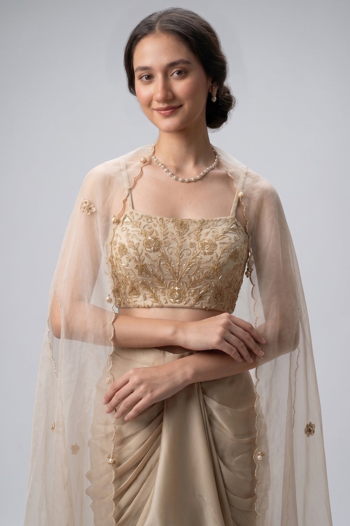 Beige Organza Embroidered Crop Top & Draped Dhoti Set with Cape