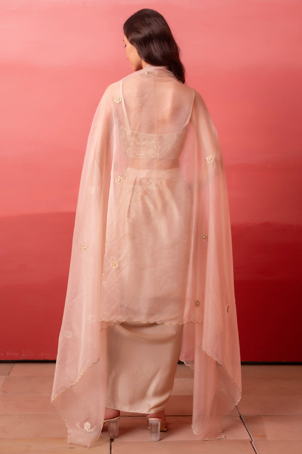 Beige Organza Embroidered Crop Top & Draped Dhoti Set with Cape